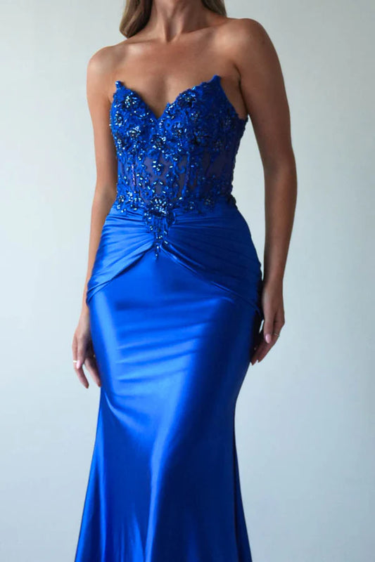 Navy blue strapless strapless fish bone top, long skirt dress