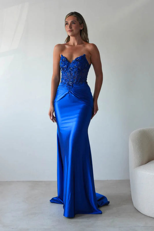 Navy blue strapless strapless fish bone top, long skirt dress