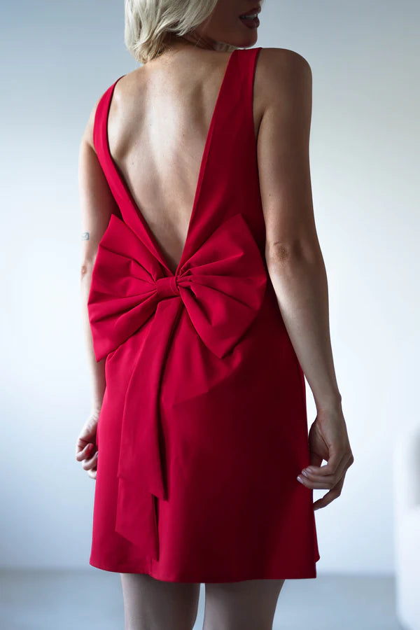 Round neck sleeveless backless short skirt with bow tie dress