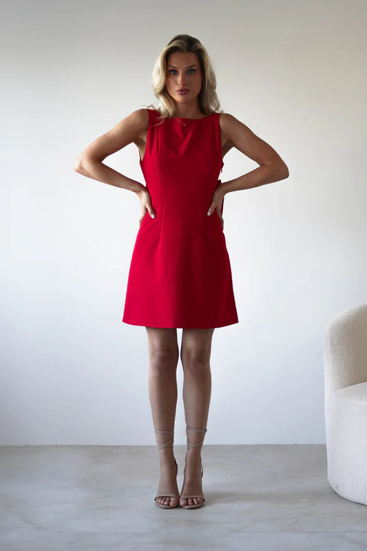 Round neck sleeveless backless short skirt with bow tie dress