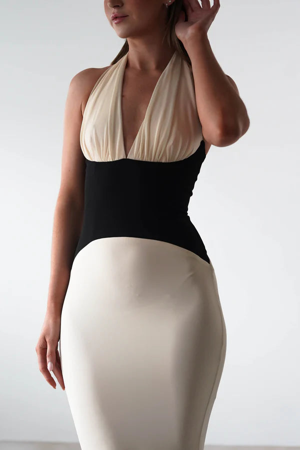 Deep V-neck waist cinched tight fitting dress
