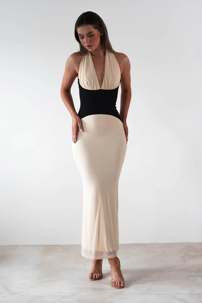 Deep V-neck waist cinched tight fitting dress