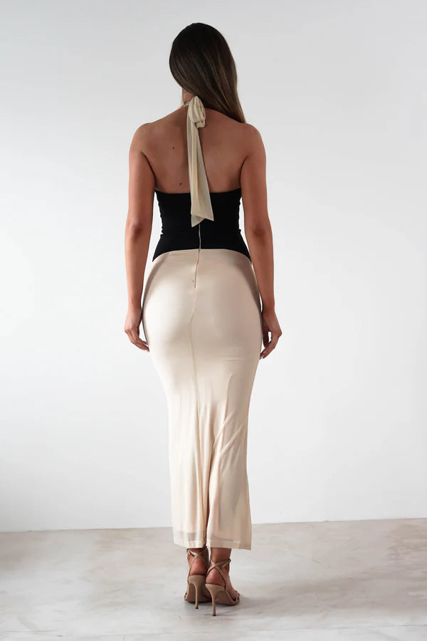 Deep V-neck waist cinched tight fitting dress