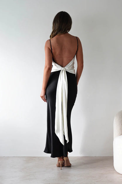 Black V-neck slim shoulder strap backless dress section