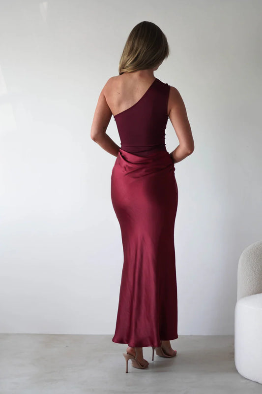 Asymmetric shoulder straps snug fit hip hugging  long skirt floor length dress
