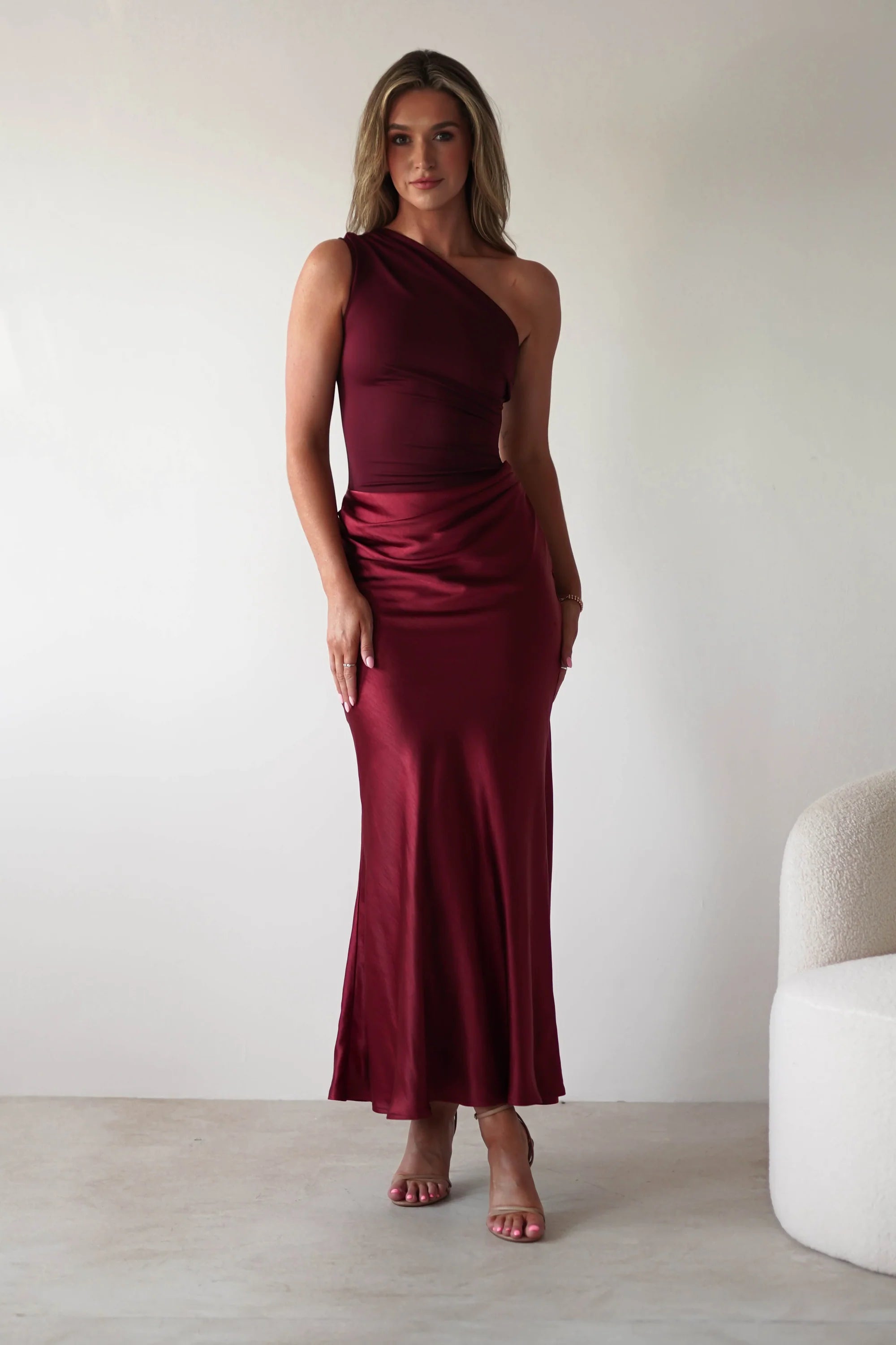Asymmetric shoulder straps snug fit hip hugging  long skirt floor length dress