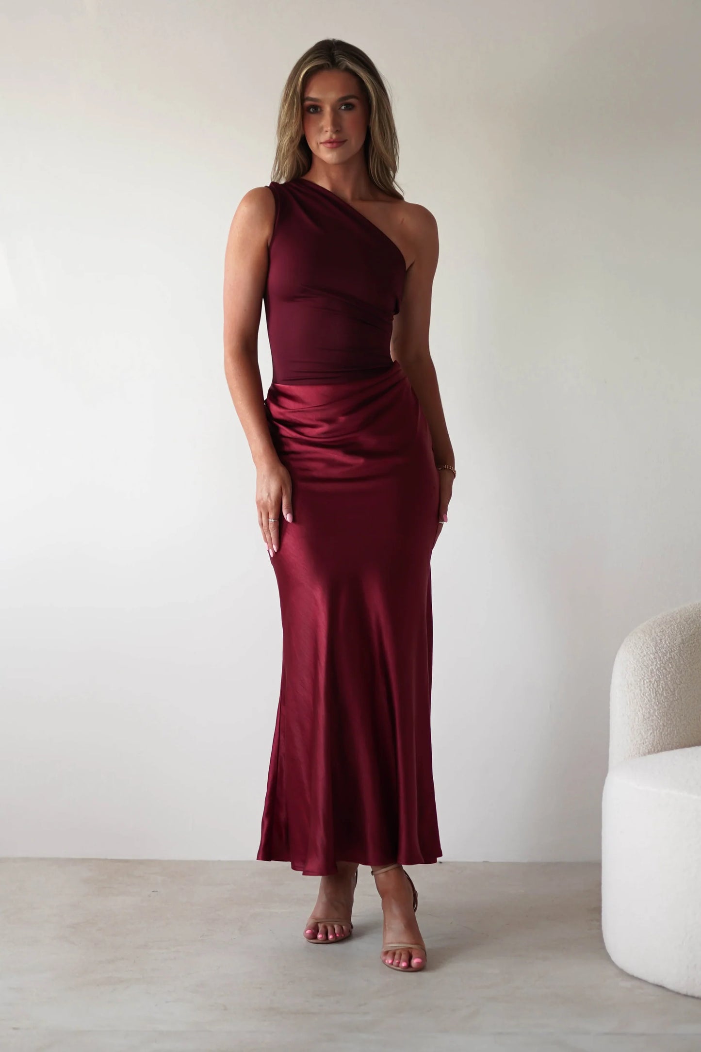 Asymmetric shoulder straps snug fit hip hugging  long skirt floor length dress