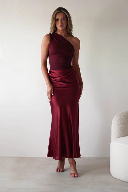 Asymmetric shoulder straps snug fit hip hugging  long skirt floor length dress
