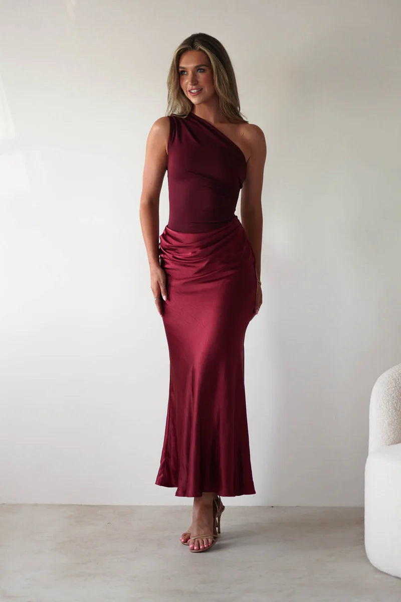 Asymmetric shoulder straps snug fit hip hugging  long skirt floor length dress