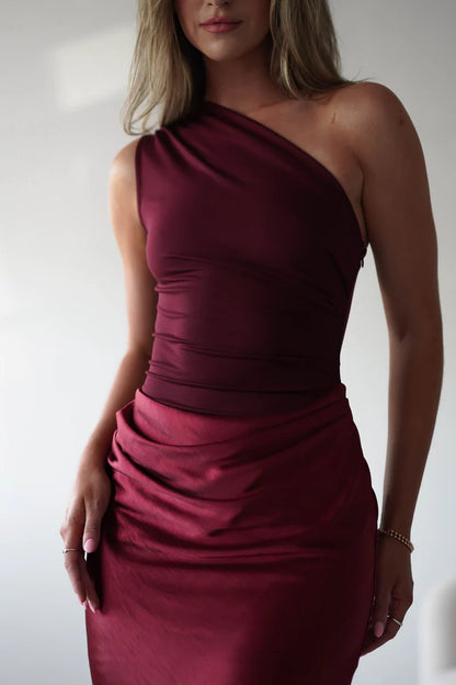 Asymmetric shoulder straps snug fit hip hugging  long skirt floor length dress