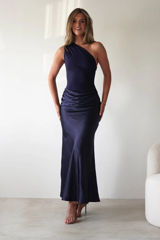 Asymmetric shoulder strap close fitting hip hugging long skirt dress
