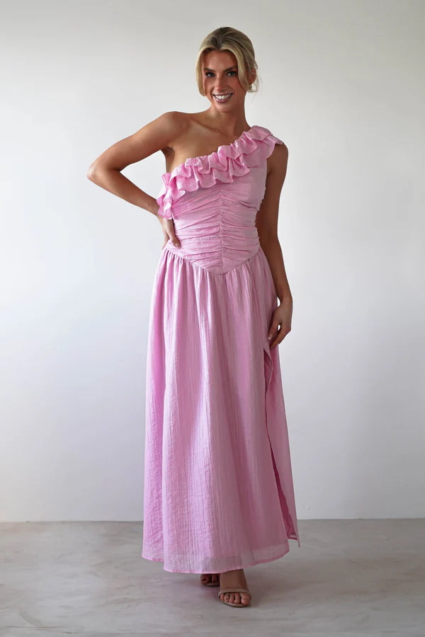 Light pink one shoulder asymmetrical waist cinched long skirt dress