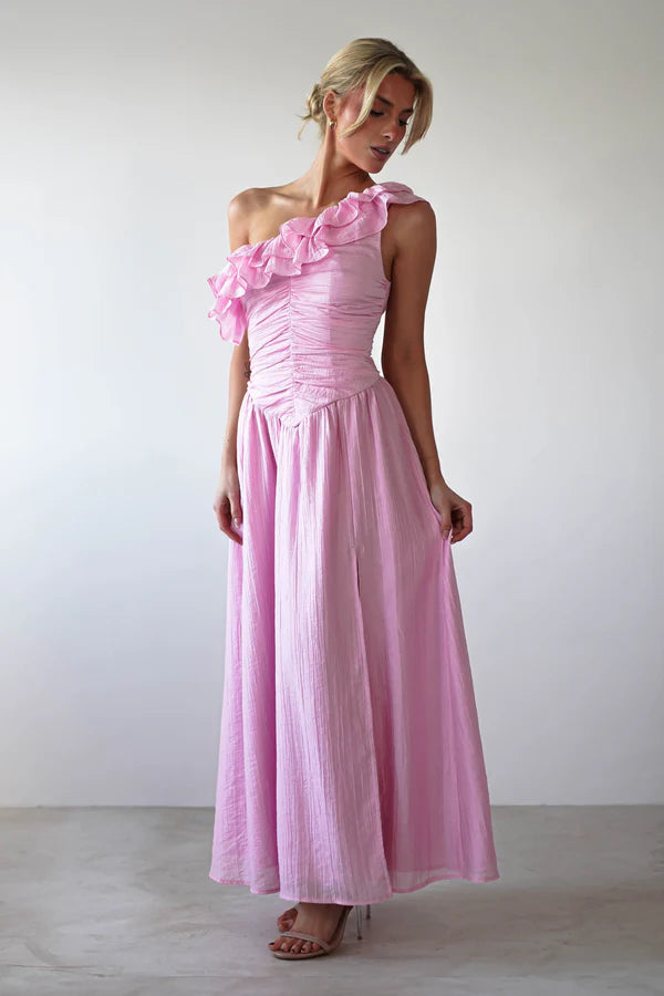 Light pink one shoulder asymmetrical waist cinched long skirt dress