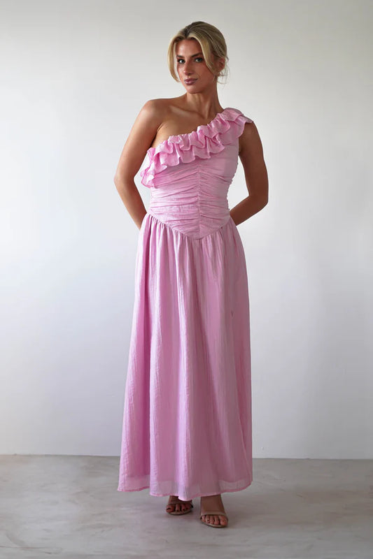 Light pink one shoulder asymmetrical waist cinched long skirt dress