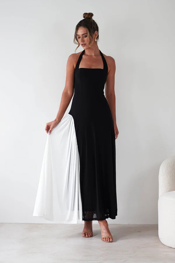 Hanging neck backless long skirt with side stitching