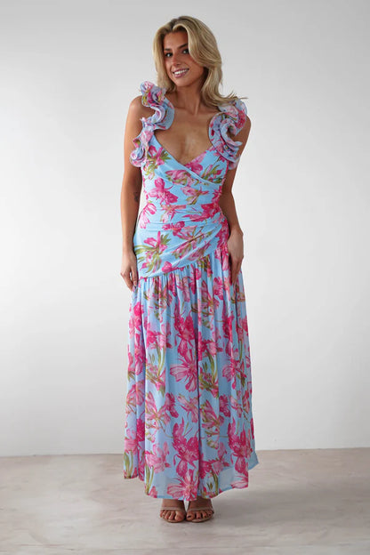 Deep V backless floral dress dress