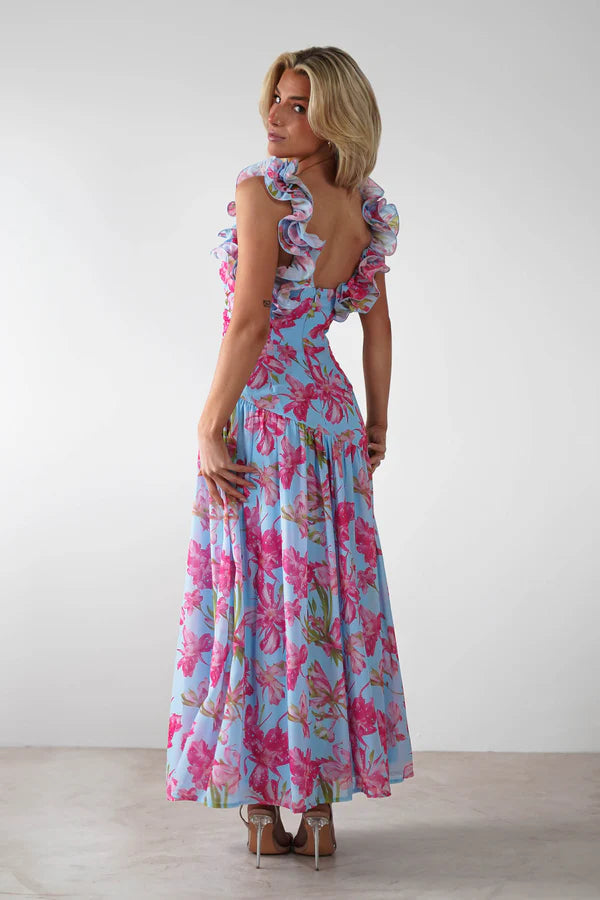 Deep V backless floral dress dress