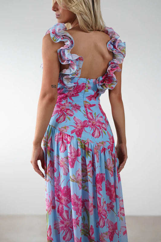 Deep V backless floral dress dress