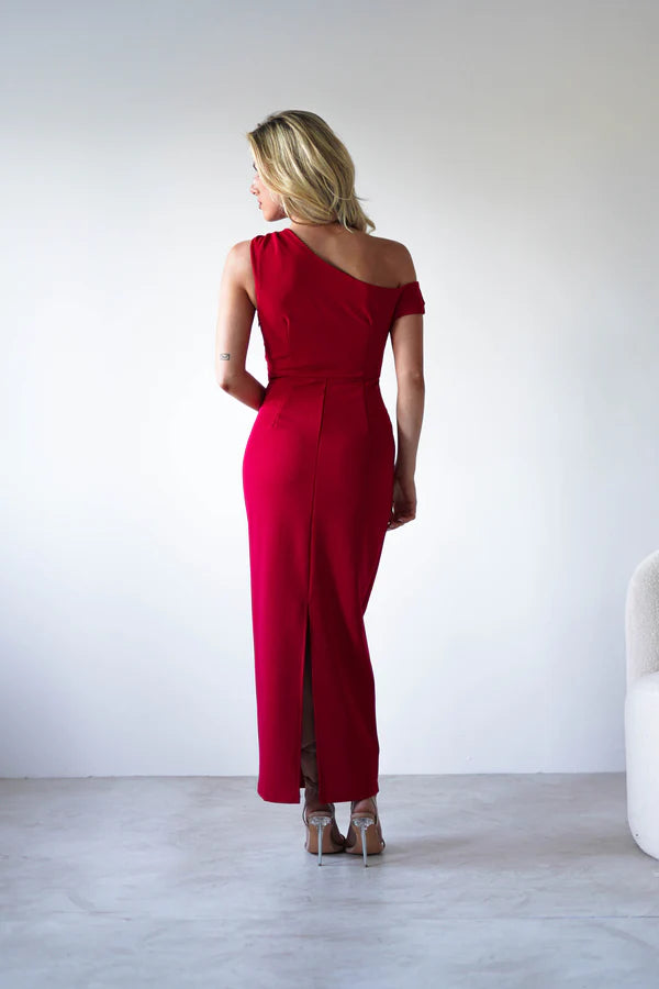 Red single room with waist cinching dress with a slit at the back