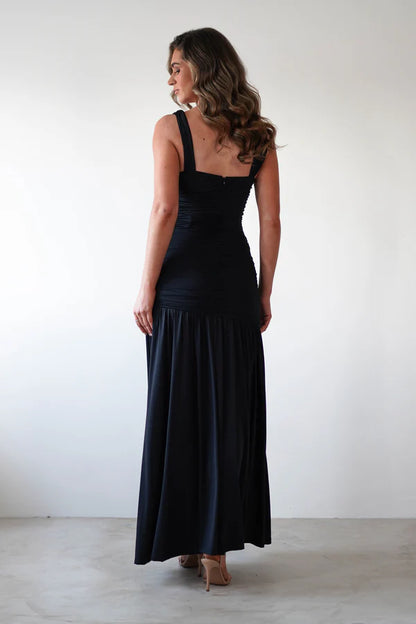 Square neck tight fitting dress with side slit
