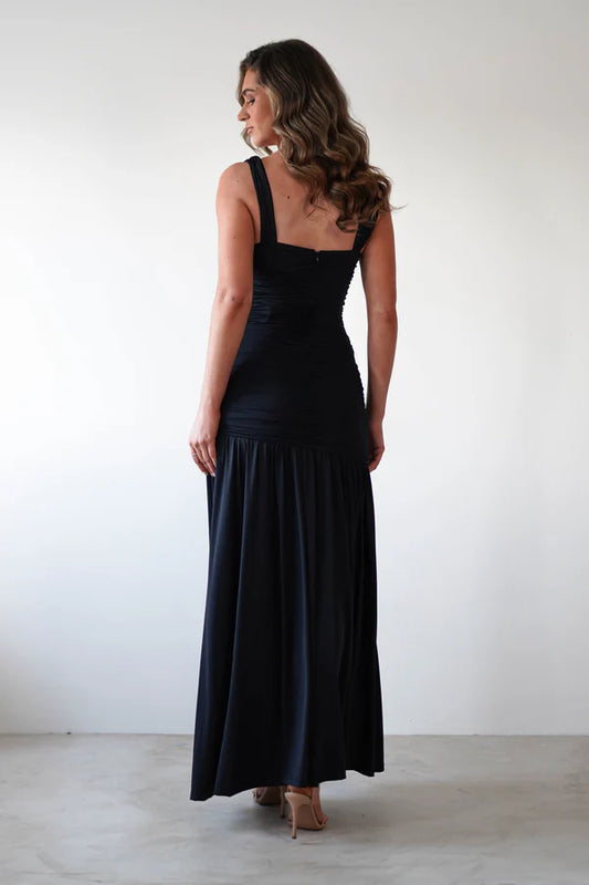 Square neck tight fitting dress with side slit