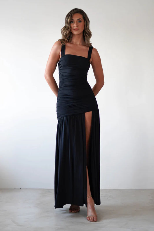 Square neck tight fitting dress with side slit