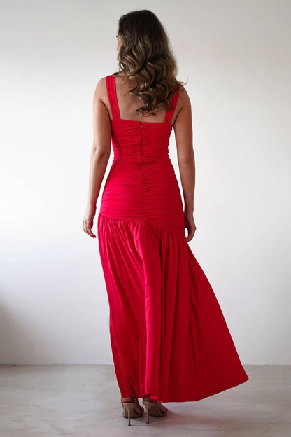 Square neck tight fitting dress with side slit