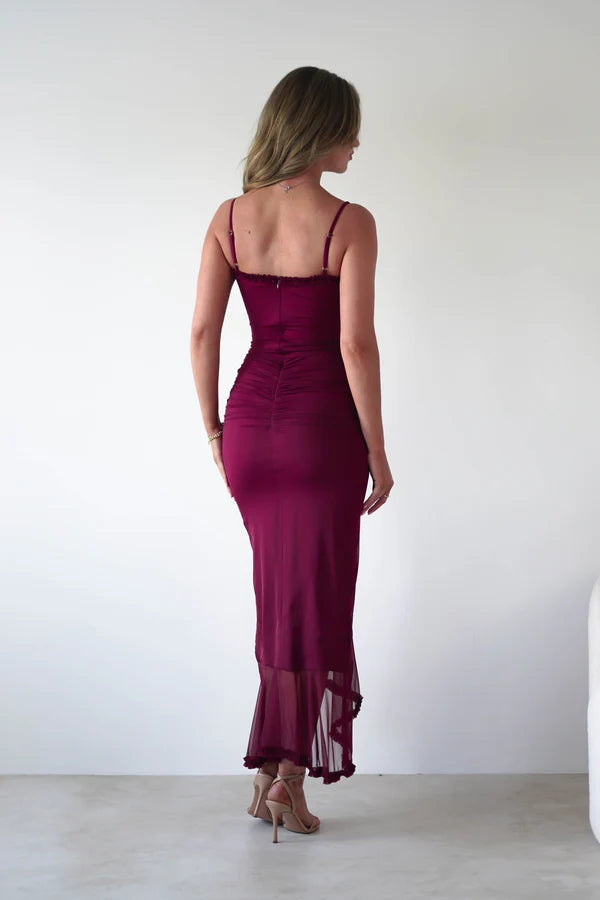 Thin suspender square collar waist cinched lotus leaf edge skirt formal dress