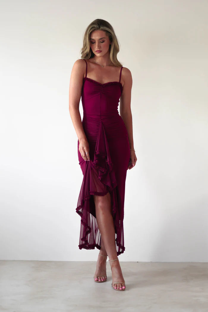 Thin suspender square collar waist cinched lotus leaf edge skirt formal dress