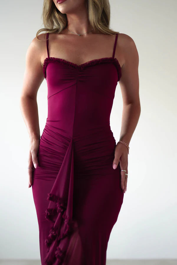 Thin suspender square collar waist cinched lotus leaf edge skirt formal dress