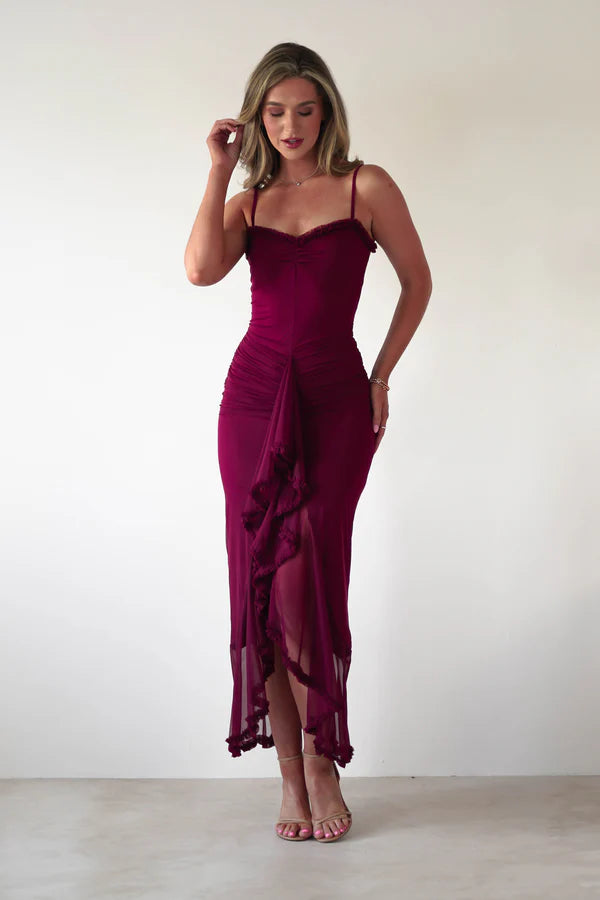 Thin suspender square collar waist cinched lotus leaf edge skirt formal dress