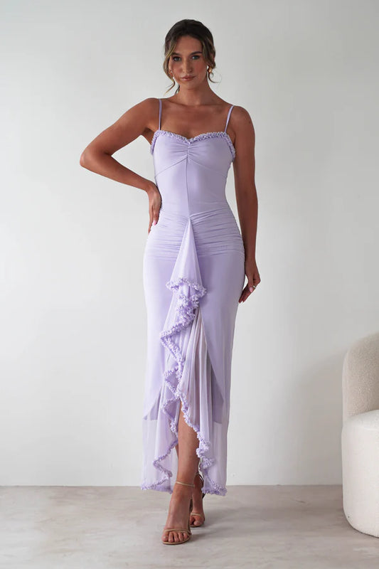 Light purple slim shoulder strap waist hugging dress
