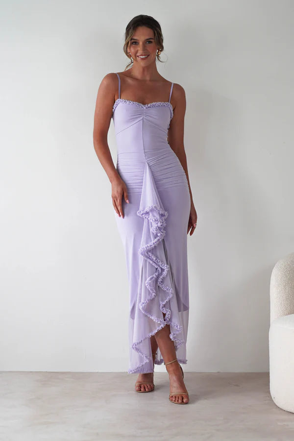 Light purple slim shoulder strap waist hugging dress