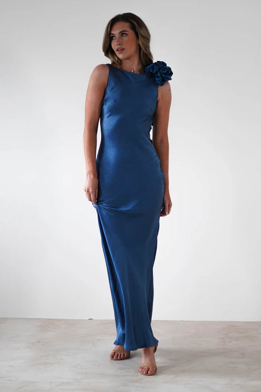 Navy Blue Sleeveless Backless Long Dress
