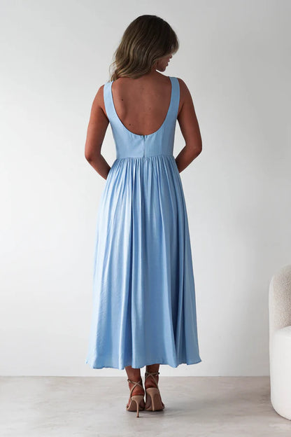 Sea Sky Blue backless long dress with sleeveless waist cinching