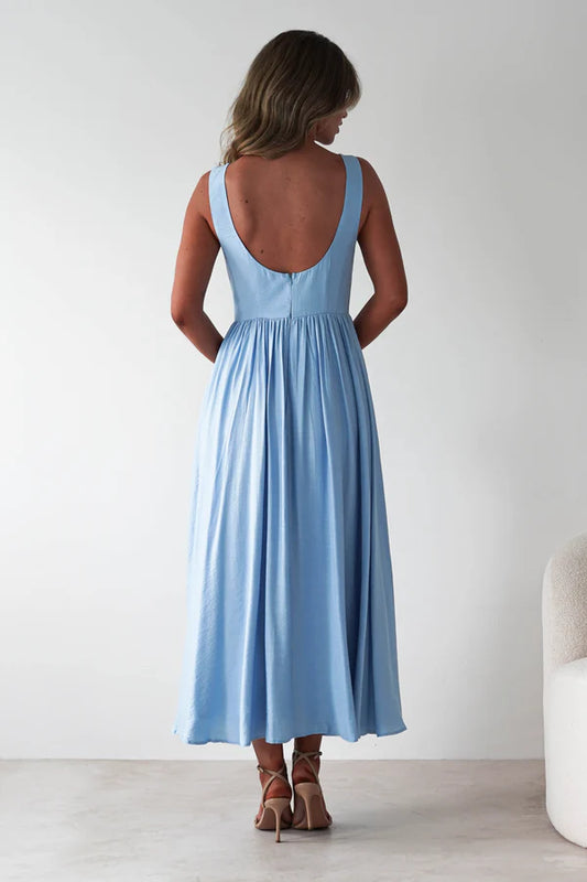 Sea Sky Blue backless long dress with sleeveless waist cinching