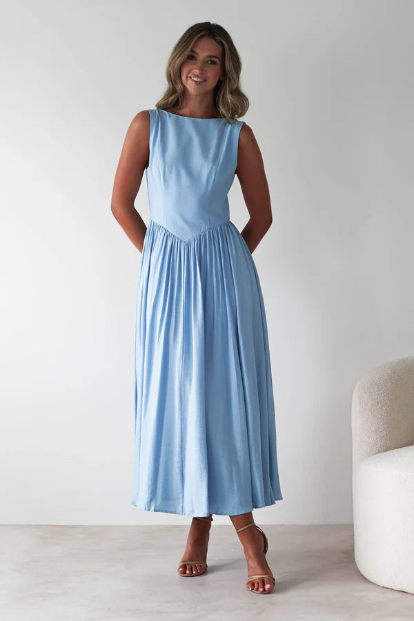 Sea Sky Blue backless long dress with sleeveless waist cinching