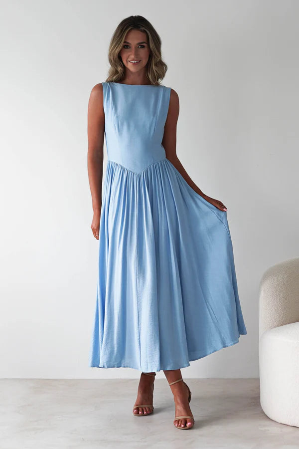 Sea Sky Blue backless long dress with sleeveless waist cinching