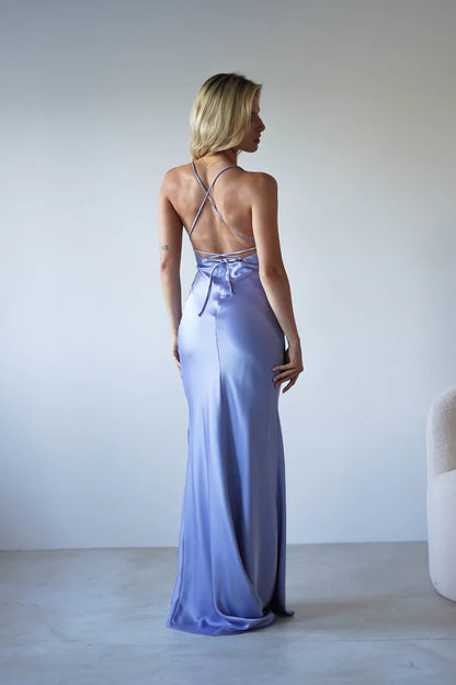 Thin shoulder strap tied backless satin dress long skirt formal dress