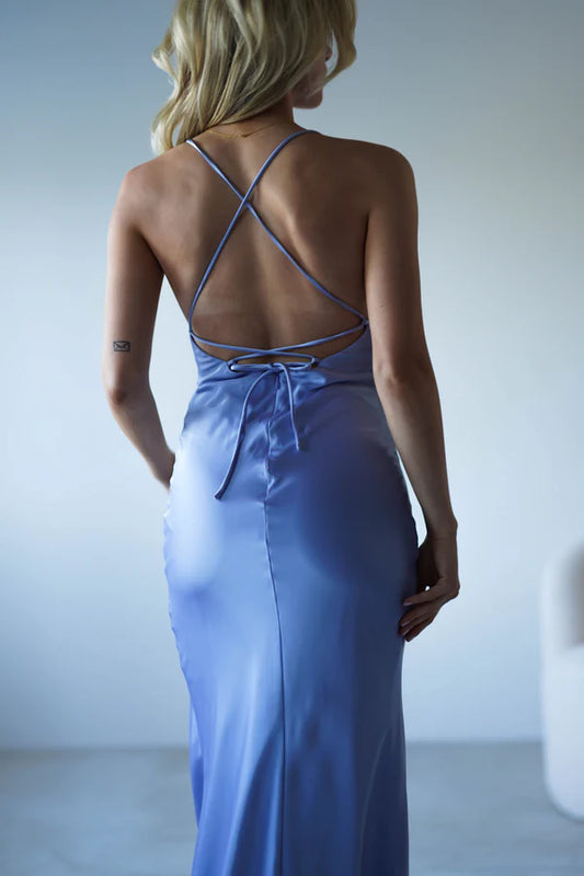 Light purple square neck slim suspender backless dress with side slit