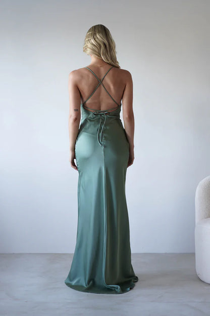 Thin shoulder strap tied backless satin dress long skirt formal dress