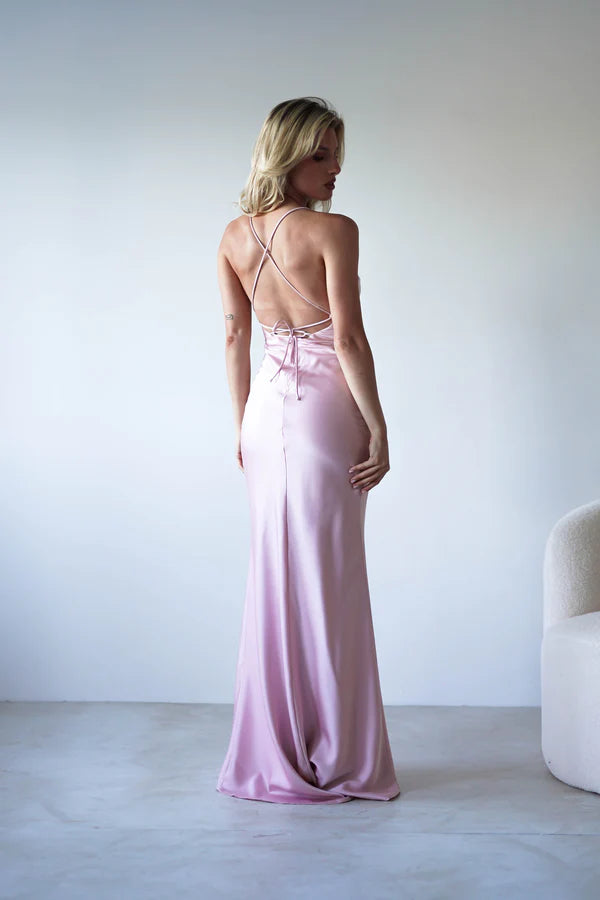 Light pink slim suspender square neck backless long dress with side slit