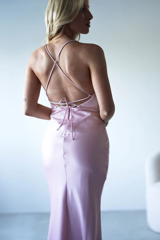 Light pink slim suspender square neck backless long dress with side slit