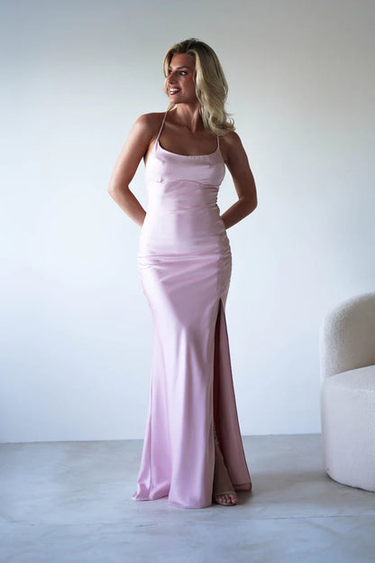 Light pink slim suspender square neck backless long dress with side slit