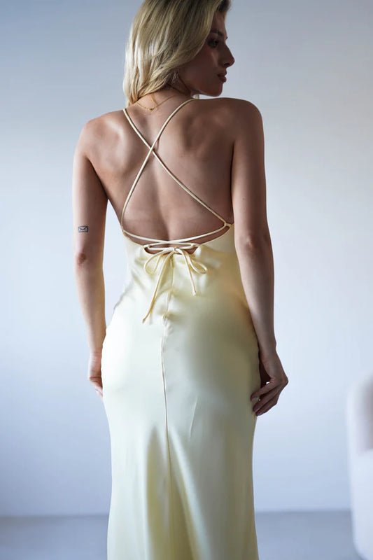 Thin shoulder strap tied backless satin dress long skirt formal dress