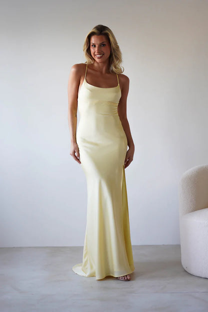 Thin shoulder strap tied backless satin dress long skirt formal dress
