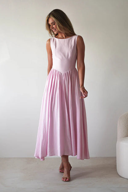 Light pink sleeveless backless waist cinching dress