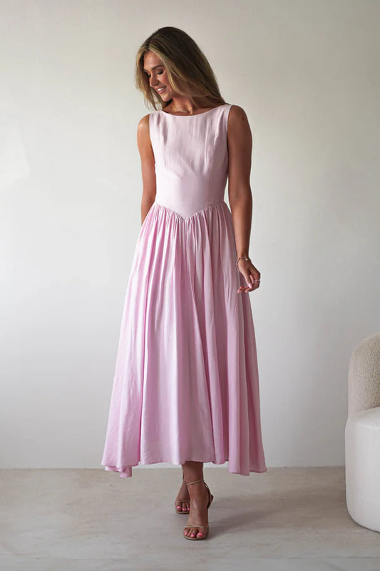 Light pink sleeveless backless waist cinching dress