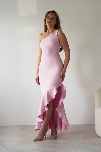 Pink One Shoulder Waist Tight Ruffle Dress