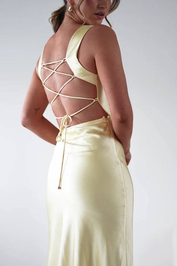 Light yellow square neck sleeveless backless long dress with side slit